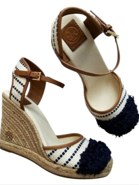 Tory Burch Shoes - Tory Burch Shaw Espadrille Wedge Sandals In Navy Sea & Royal Tan Sz 8